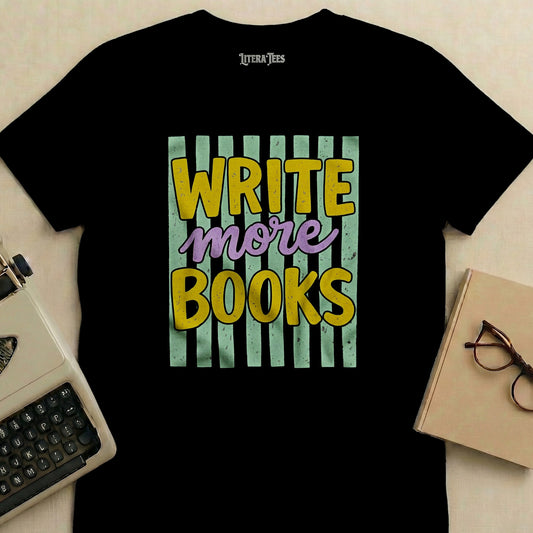 Black t-shirt with "WRITE more BOOKS" text and striped background.