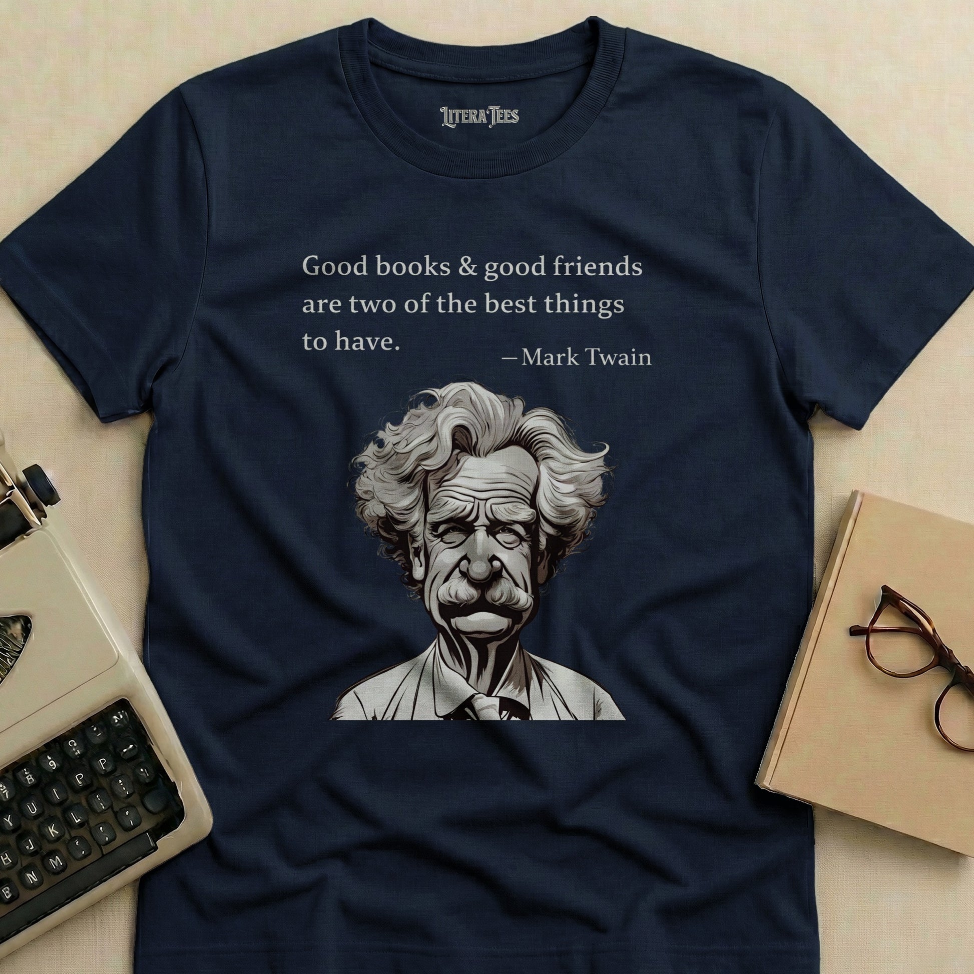 Navy t-shirt with Mark Twain quote and portrait.