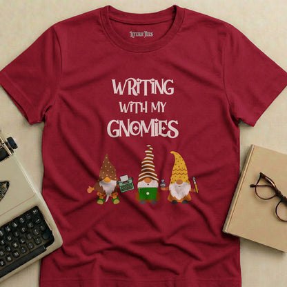 Maroon t-shirt with "WRITING WITH MY GNOMIES" and three gnomes.