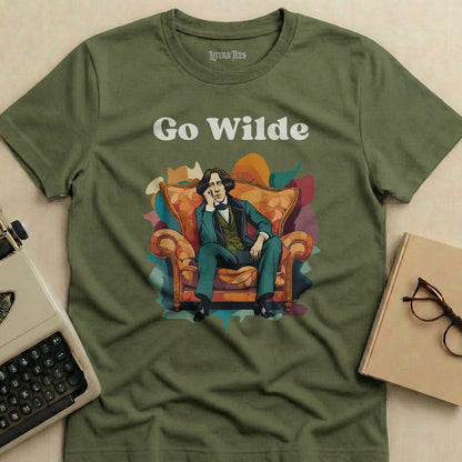 Olive green t-shirt with Oscar Wilde sitting in a chair, text "Go Wilde".