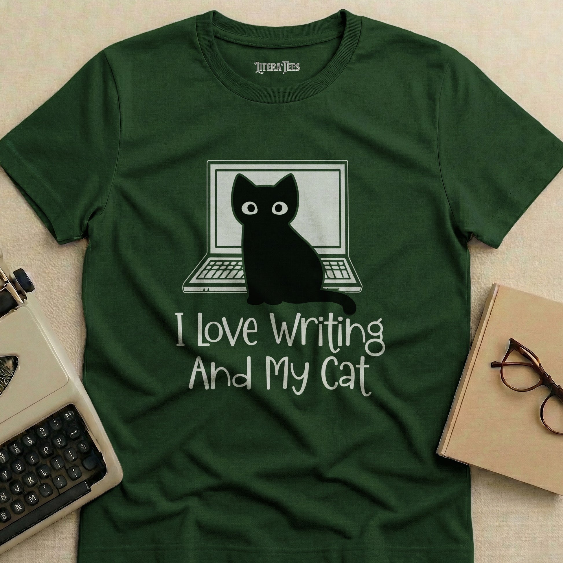 Dark green t-shirt with "I Love Writing And My Cat" text and a cat on a laptop.