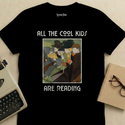 T-shirt with "ALL THE COOL KIDS ARE READING" and a vintage illustration of people reading.