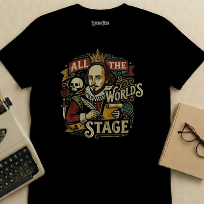 Black t-shirt with "All The World's A Stage" text and William Shakespeare illustration.