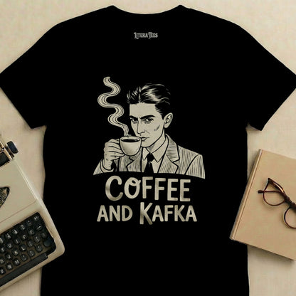 Black t-shirt with "Coffee and Kafka" text and a line-art illustration of a man drinking coffee.