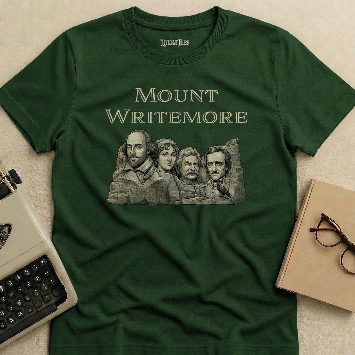 Literary giants Shakespeare, Poe, and Twain carved into a mountain resembling Mount Rushmore.