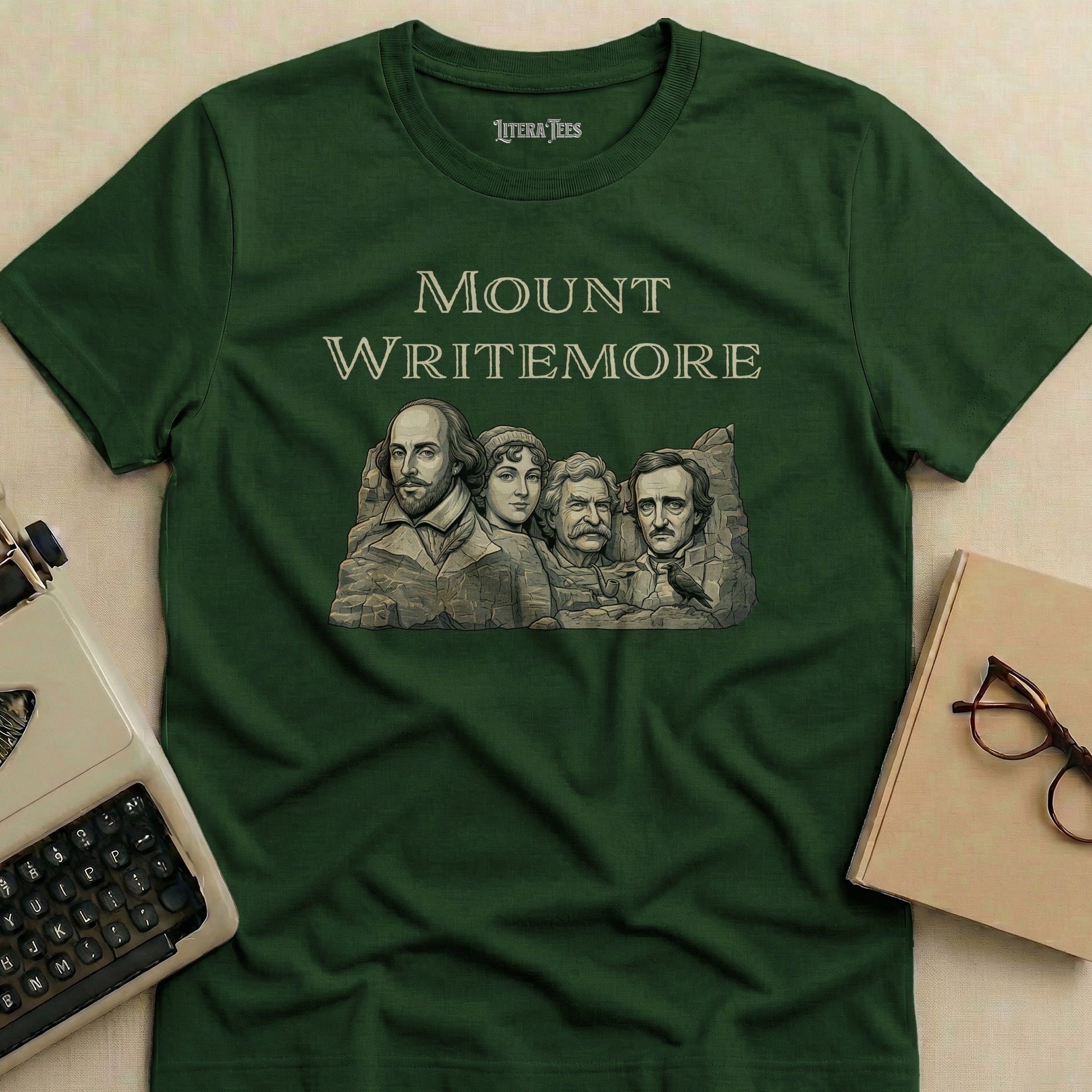 Literary giants Shakespeare, Poe, and Twain carved into a mountain resembling Mount Rushmore.