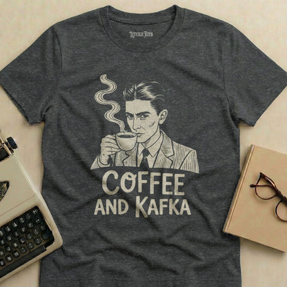 Dark gray t-shirt with a man drinking coffee and "COFFEE AND KAFKA" text.