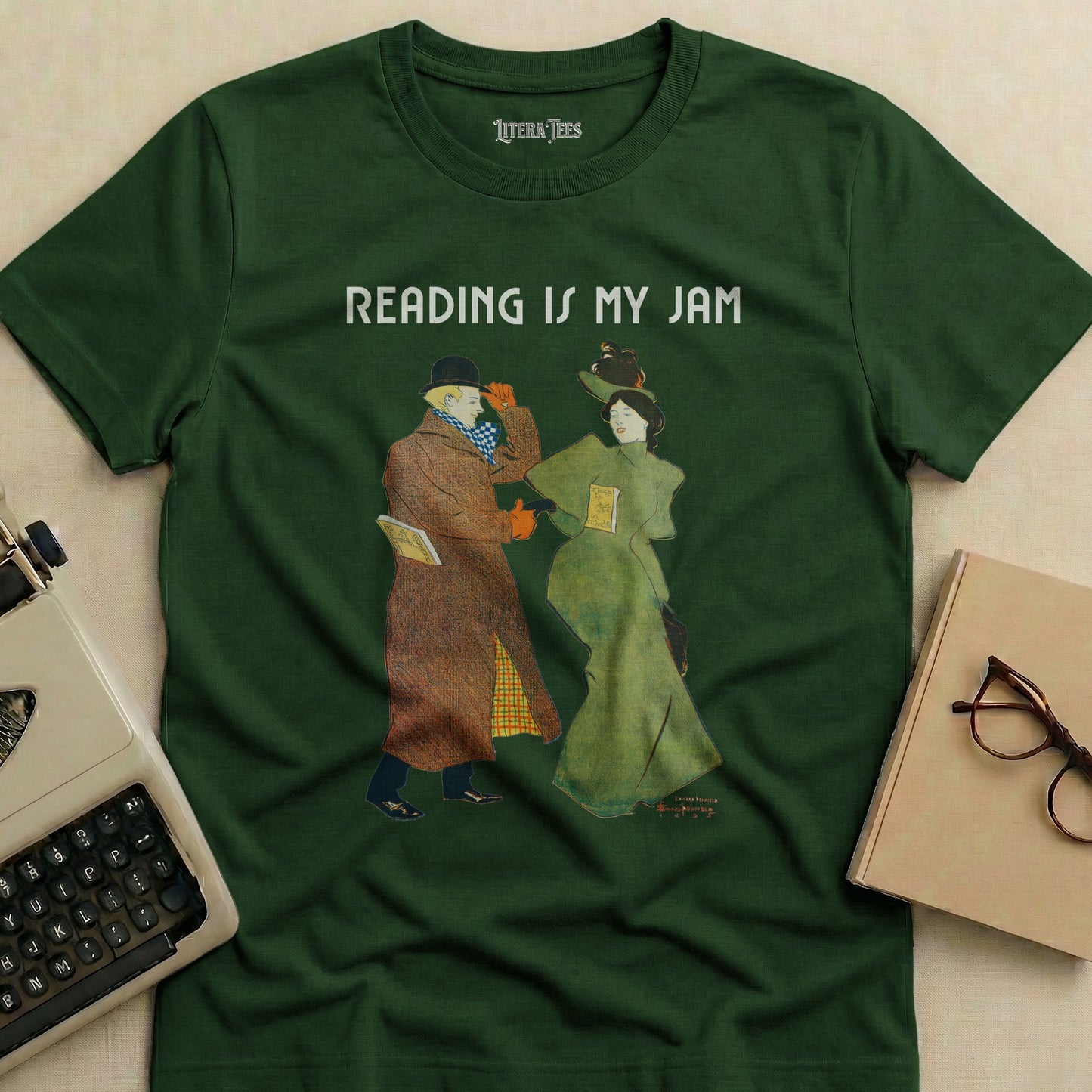 Green t-shirt with "READING IS MY JAM" and vintage illustration.