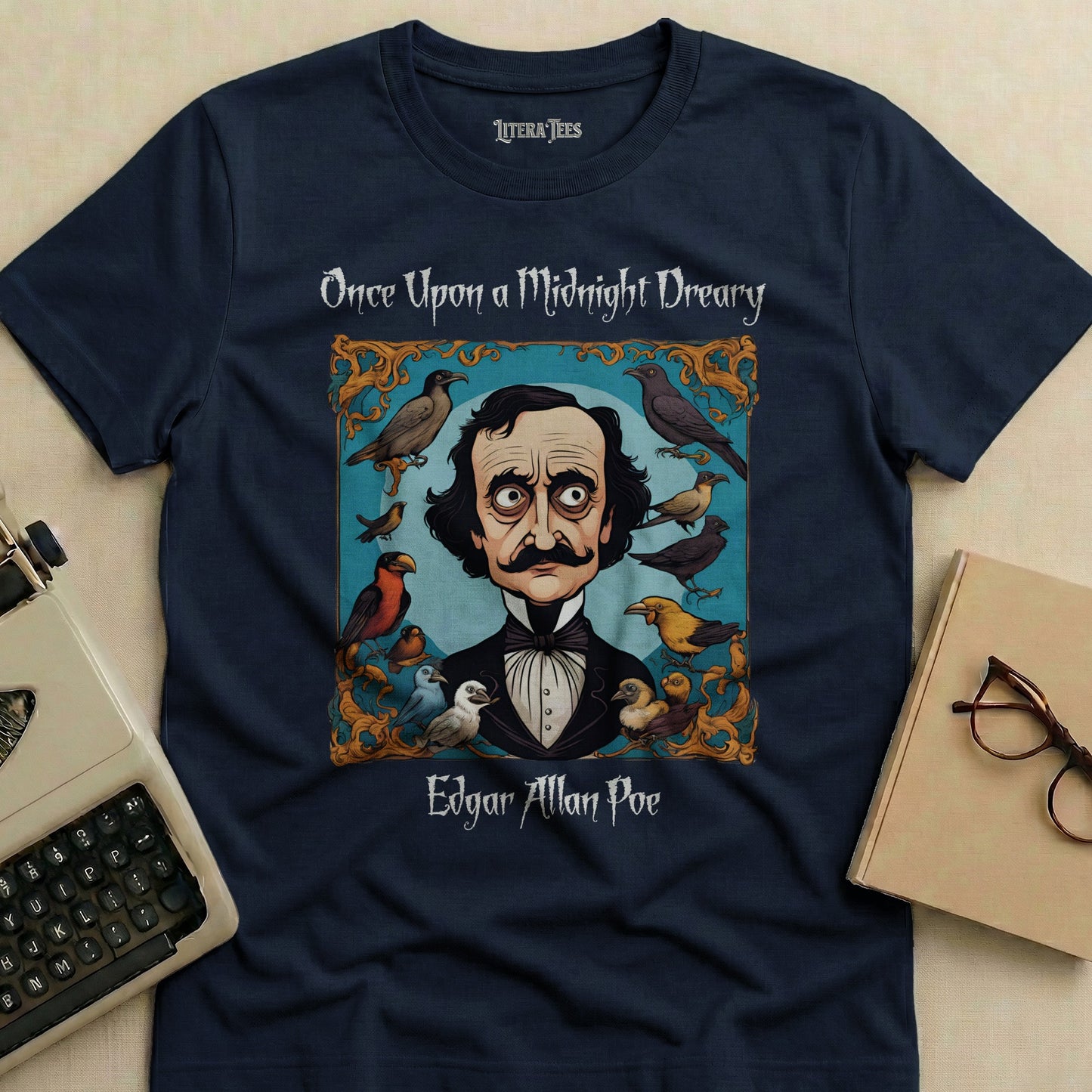 Dark blue t-shirt featuring Edgar Allan Poe illustration and "Once Upon a Midnight Dreary" text.