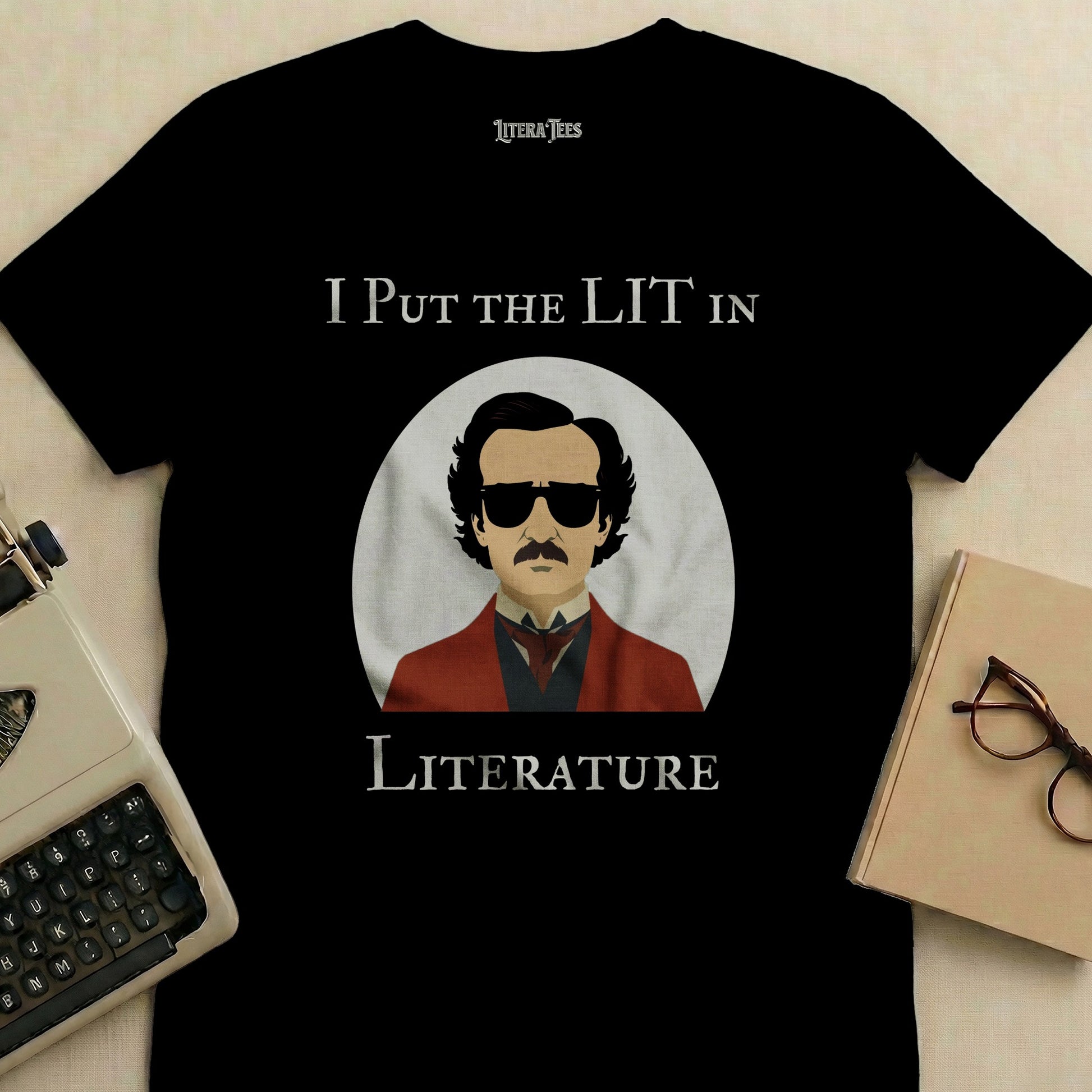 Black t-shirt with Edgar Allan Poe illustration and "I Put the Lit in Literature" text.