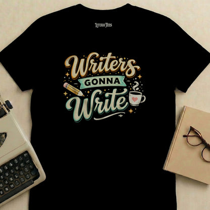 Black t-shirt with "Writers Gonna Write" text, pencil, and coffee cup design.