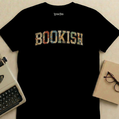 Black t-shirt with "BOOKISH" in floral collegiate lettering.