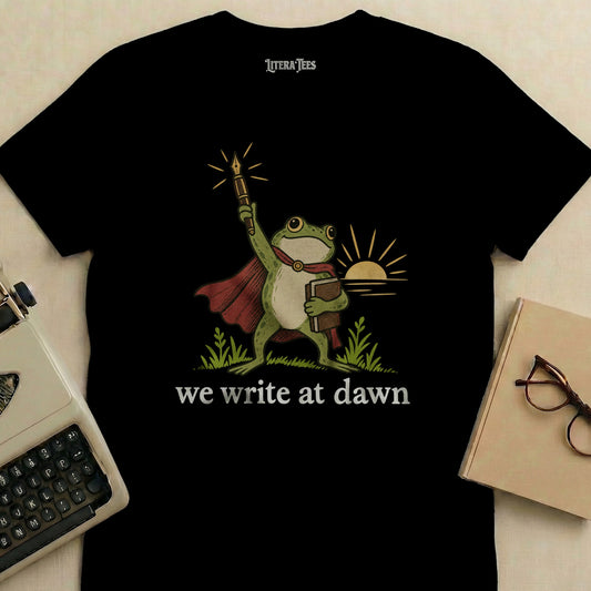 Black t-shirt with frog holding quill and book, "we write at dawn".