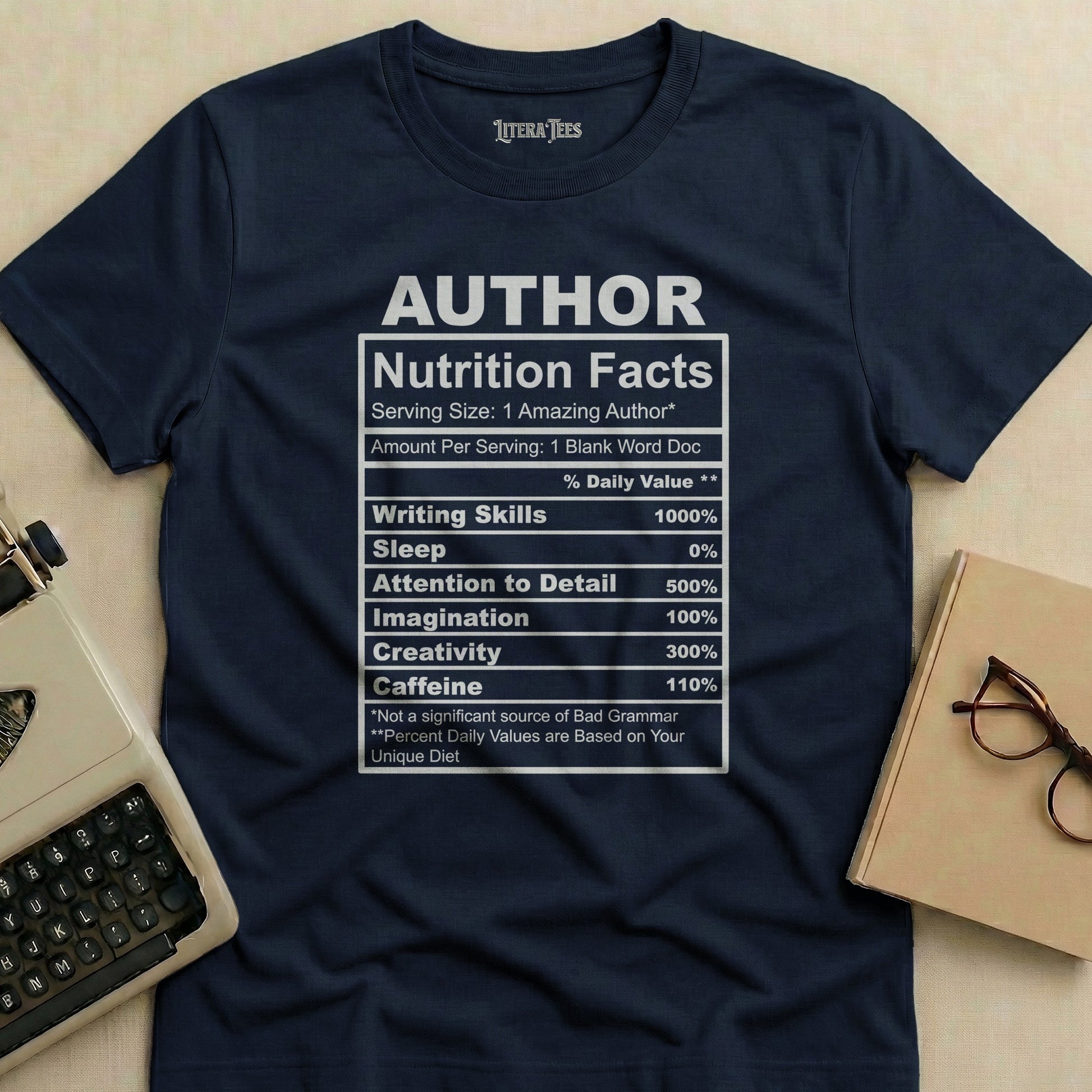 T-shirt with "Author Nutrition Facts" label listing ingredients for an author.