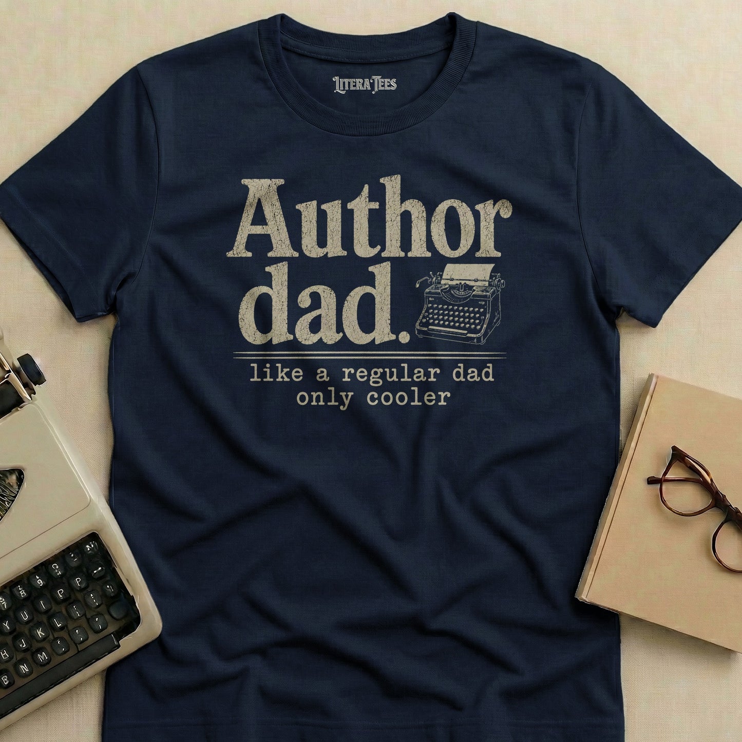 Navy t-shirt with "Author dad. like a regular dad only cooler" text.