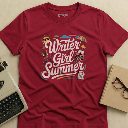 Maroon t-shirt with "Writer Girl Summer" text and illustrations.