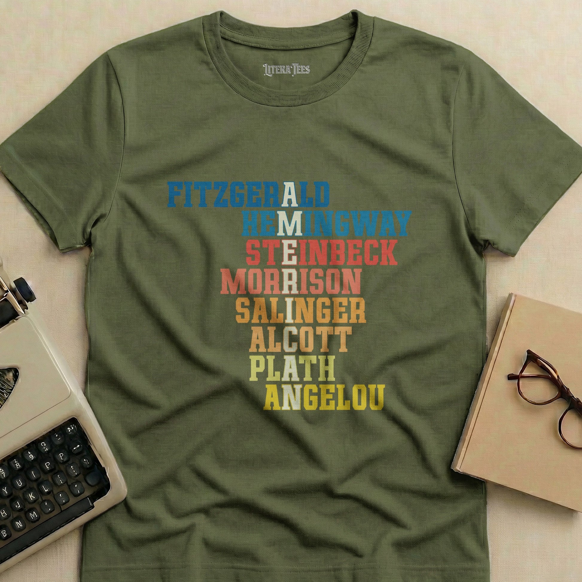 Olive green t-shirt with famous author names printed vertically.