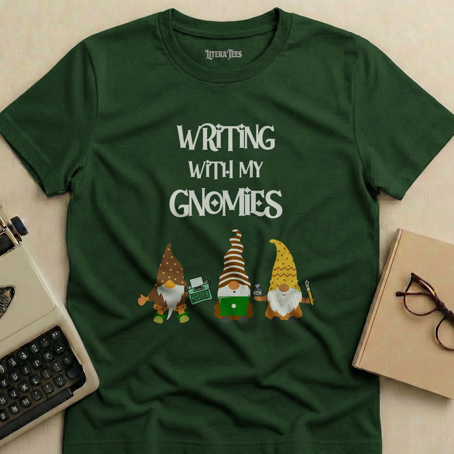 Green t-shirt with "WRITING WITH MY GNOMIES" and three gnomes.