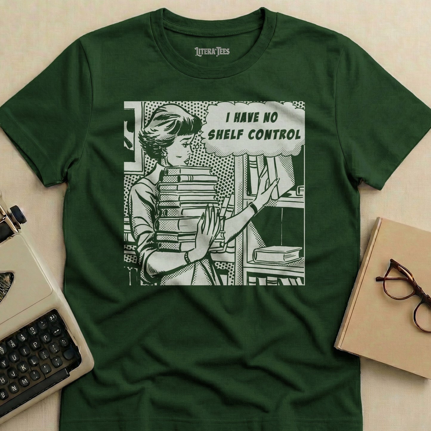 Woman holding stack of books with "I HAVE NO SHELF CONTROL" text.