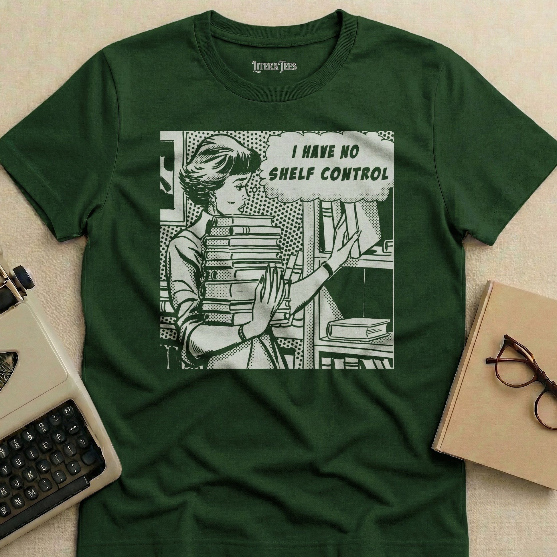 Woman holding stack of books with "I HAVE NO SHELF CONTROL" text.